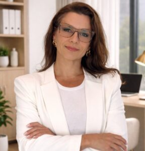 Paty Acioly, de blazer branco, em ambiente profissional